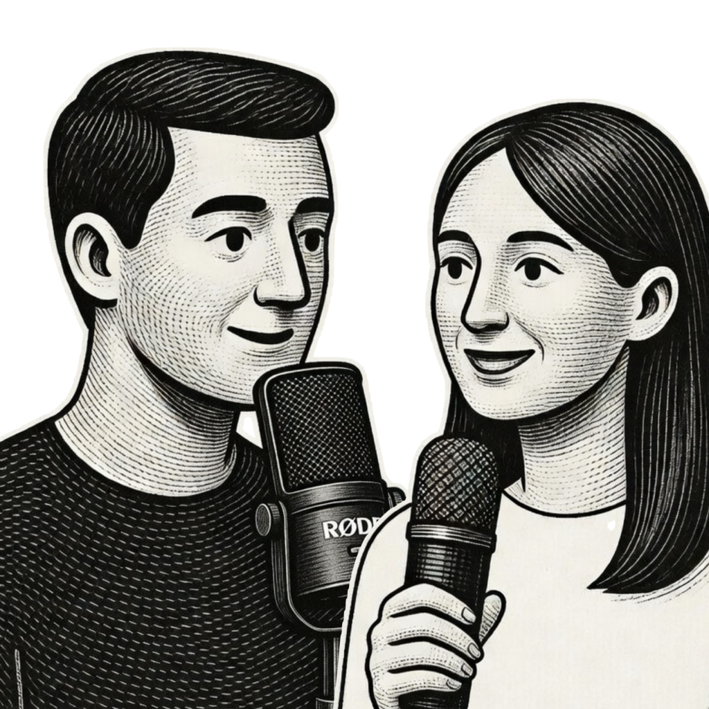 Image of two people and a microphone